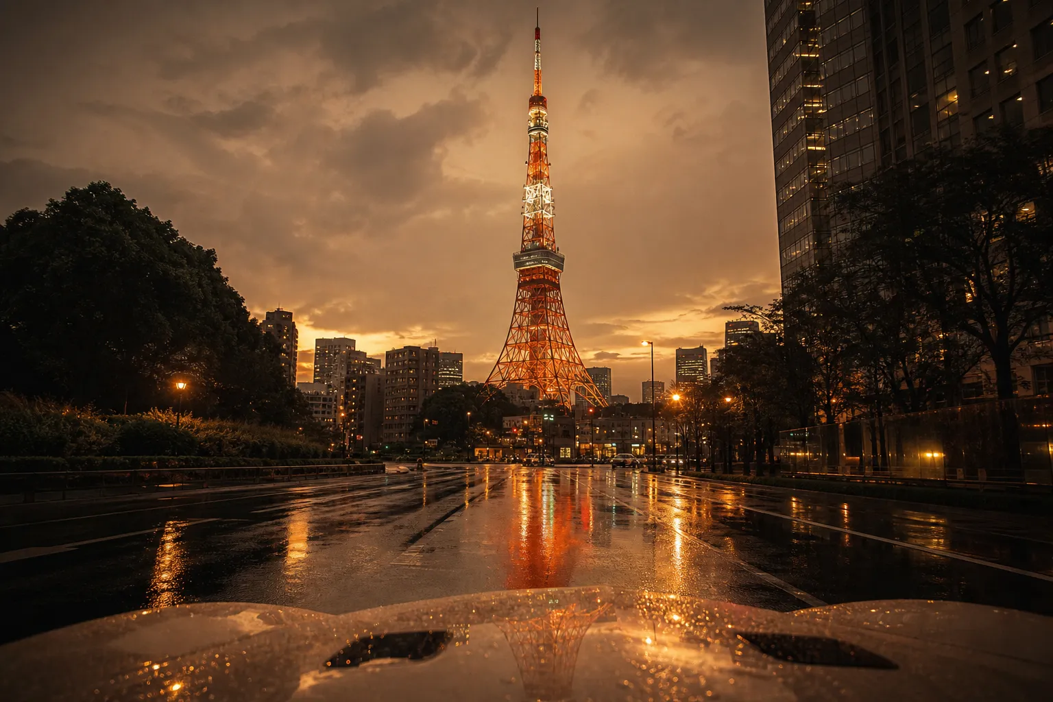 Red-and-white lattice tower on a Tokyo skyline at dusk, reflected on a wet city road